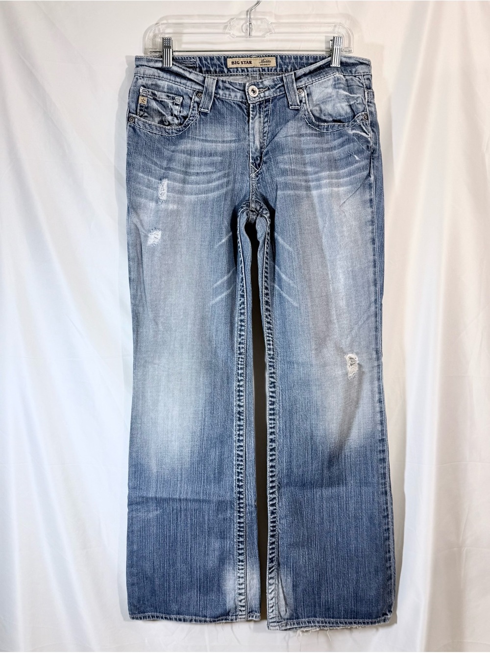 Big Star “Maddie” Mid Rise Boot Cut Distressed Light Wash Jeans With Whiskering - Picture 2 of 16